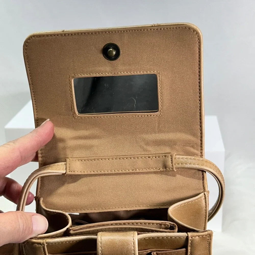 Tan Leather Crossbody Phone Bag‎ Small Shoulder Purse with Mirror
